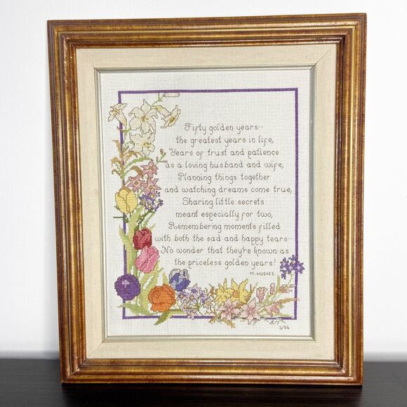 Vintage Fifty Golden Years Framed Floral Tulip Needlepoint Gift Signed Wall Art - Picture 1 of 6